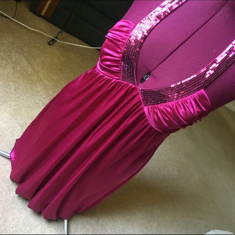 Jodi Kristopher Fuchsia/Magenta Sequin-Trim Prom Dress